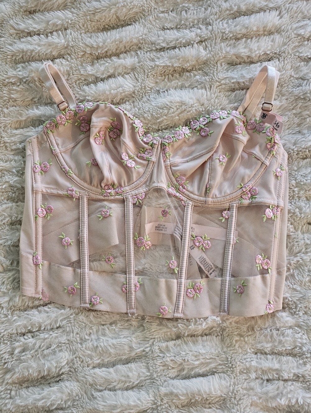 Victoria's Secret Blush Pink Floral Embroidered Mesh Longline Bustier 34B